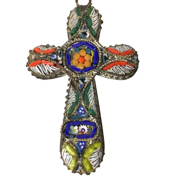 Vintage Micromosaic Cross Pendant Italy Style Millefiori Mosaic Floral Religious - Picture 4 of 5